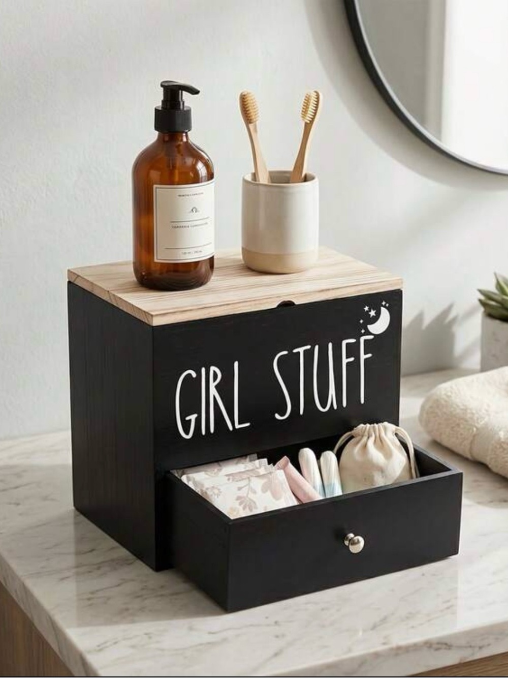 Girl Stuff Black Wooden Storage Box with Drawer